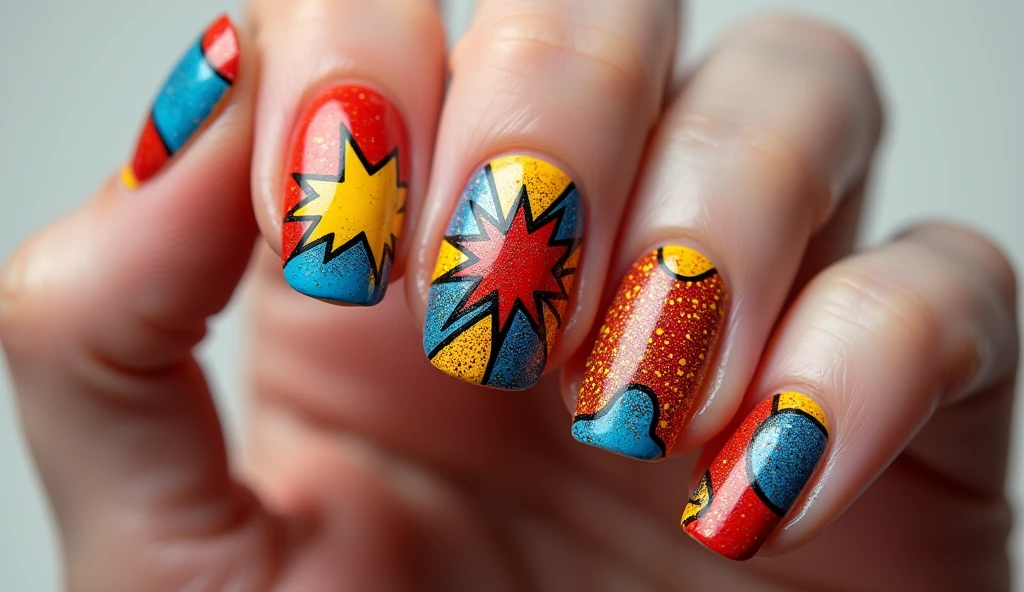 **Retro Pop Art Nail Art:** Each nail displays bold, graphic pop art elements like comic-style dots, explosive shapes, and vibrant primary colors. The background is a contrasting, solid color with a slight texture to mimic the classic comic book feel. This design brings a playful, vintage pop art vibe to your fingertips with eye-catching patterns and vivid hues.

