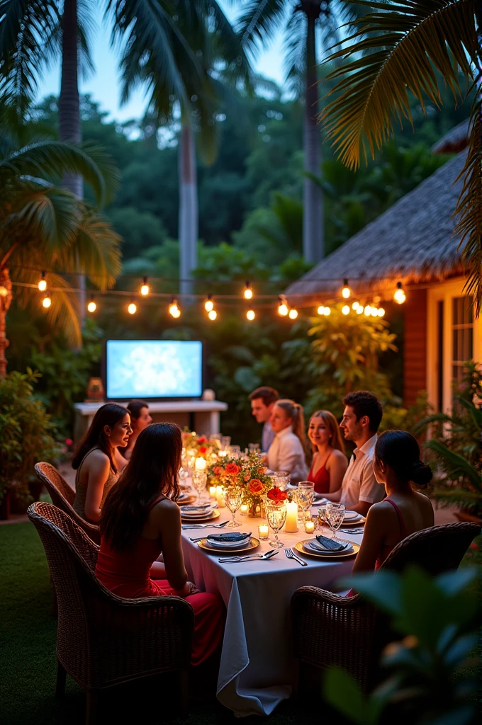 A beautiful backyard dinner on jungle with chairs and big screen tv and candles