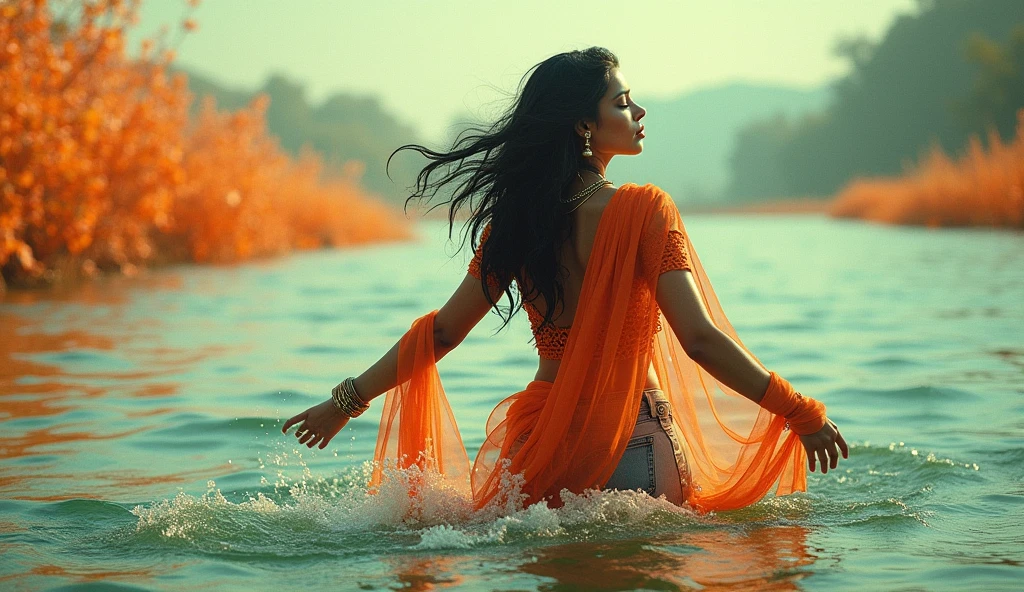 70s setting, grainy analog film, ultra-detailed, abstract art, glamour artwork, conceptual art, beautiful provocative style indian woman in jeans, playing in wide river with ecstasy, traditional accessories, abstract, orange white green, void, vivid, detailed sari