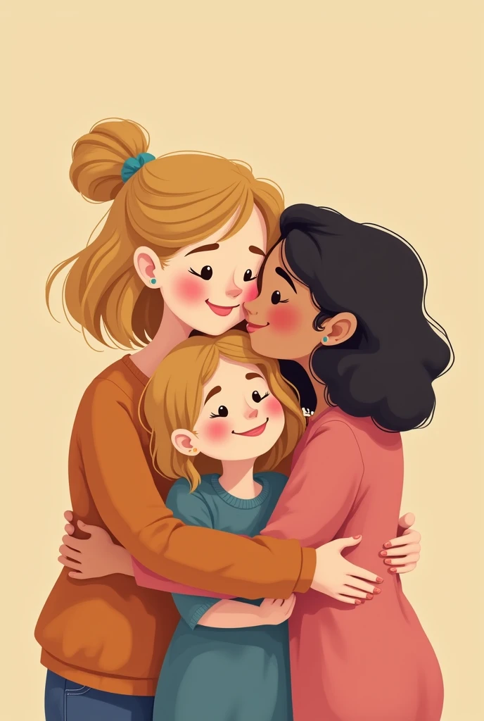 A 50-year-old mother with two daughters, one 25 years old and the other 30 years old., light skin color, hazel eyes, dark blonde hair, the three embraced, cartoon 