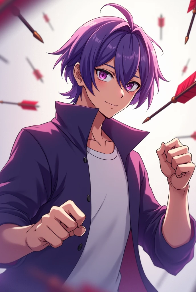 Make a anime a bit strong 18 years lightskin male with purple relaxed hair smiling and with a fighting stance with some arrows in the air fflying into his direction but not able to hit him, the image is showing only his upper part facing towards and he is empty hands with a white shirts with a purple open jacket