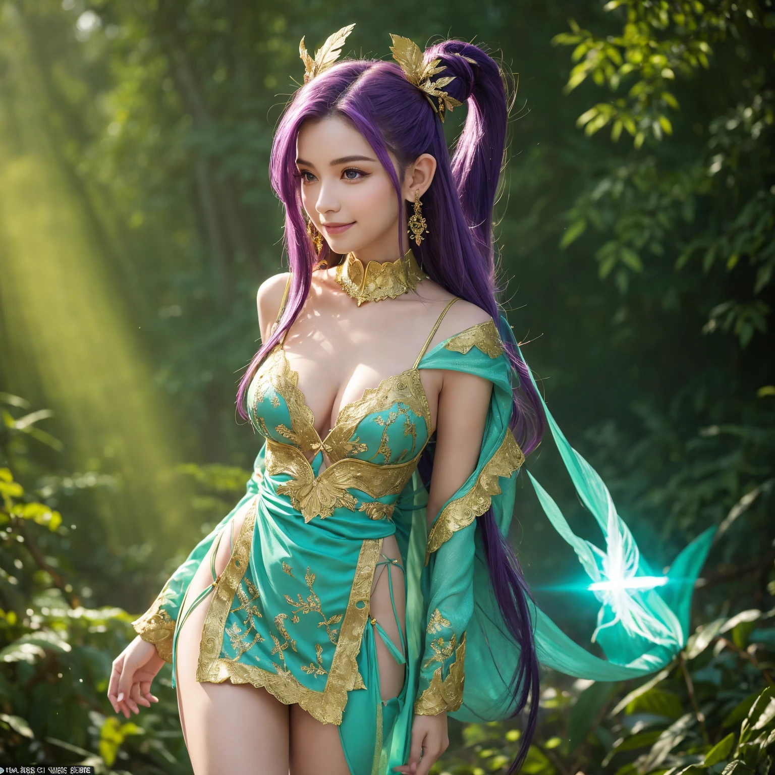 "An attractive female elf with long, flowing purple hair pulled back in a high ponytail adorned with gold ornaments and small green feathers. She has pointy ears and a soft, confident smile. Her warm, slightly narrowed eyes give her a mysterious aura. She wears a white, form-fitting dress with a deep neckline that accentuates her bust. The dress is intricately designed with gold and blue patterns and has side slits that reveal her thighs. She wears black lace stockings with gold detailing. A mystical forest is set in the background, with soft green light filtering through the trees and an ethereal blue light floating all around, creating a magical atmosphere."