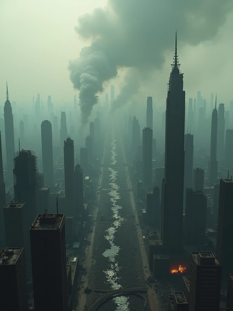Visuals: A sweeping aerial shot over a devastated city. Skyscrapers lie in ruins, smoke billows from fires, and the sky is a murky gray.