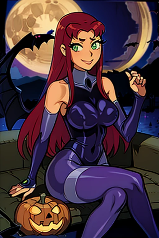 1girl, bat_print, Starfire, animal_print, breasts, print_legwear, pantyhose, head_wings, solo, wings, bat_(animal), leotard, long_hair, moon, night, orange_hair, heart_cutout, large_breasts, jack-o'-lantern, clothing_cutout, full_moon, bat_wings, green_eyes, purple_pantyhose, demon_girl, sitting, smile, looking_at_viewer, bangs, pumpkin, black_leotard, bridal_gauntlets, highleg, highleg_leotard, cleavage, bare_shoulders, purple_wings, purple_lips, makeup, low_wings, fingernails, crossed_legs, lipstick, night_sky, halloween, covered_navel, purple_nails, lips, nail_polish