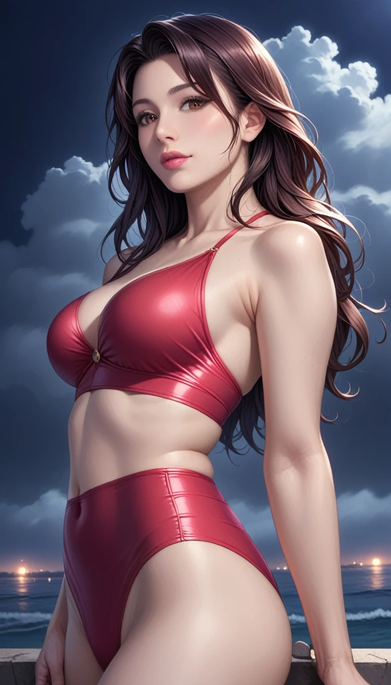 score_9, score_8_superior, score_7_superior, High-resolution CG illustration,A masterpiece in 32K resolution,Highest quality,it is really amazing,Very detailed,Ultra-high resolution,Ultra-realistic,Realistic,Increased depth of field,Cinematic lighting,
Sexy mature Japan woman,
Straight long hair with black hair,Ultra-detailed and beautiful face,Calm and gentle look,Beautiful brown eyes,Translucent white skin,Realistic skin texture,Great proportions,
Elegant red swimsuit,
Simple design,Chic color scheme based on red,Detailed fabric texture,
(Dark overcast sky on a dull night:1.1),(Dark clouds filling the sky:1.1),Thundercloud,Coastline at night,Stormy seas,delay々A desolate sandy beach that continues,
Cinematic,Beautiful back view,