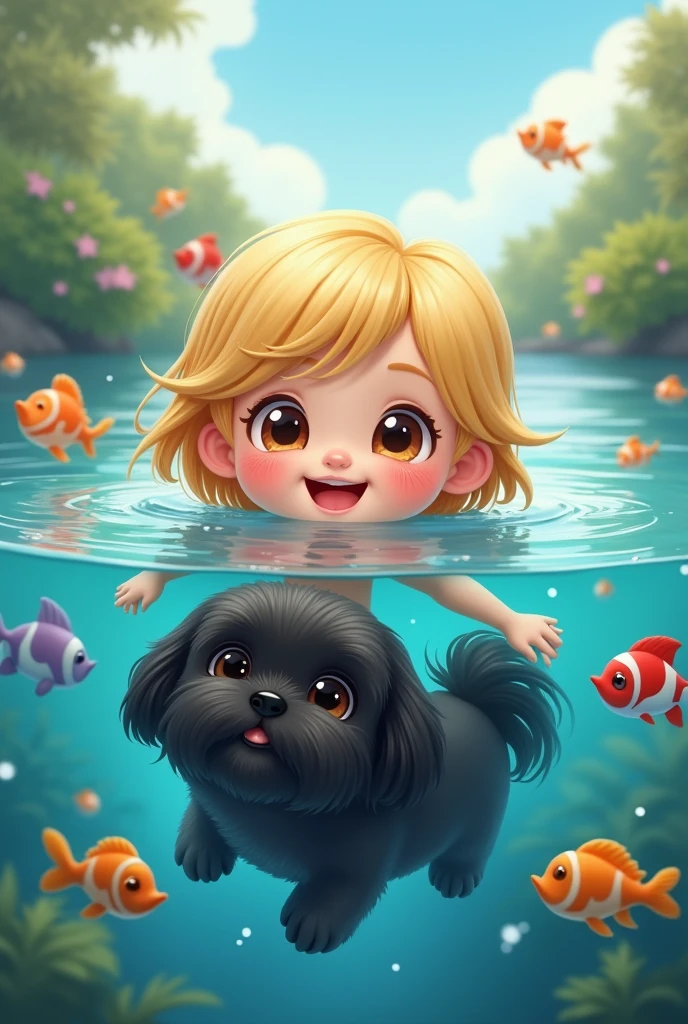 Black shih tzu puppy, cute blonde girl swimming with animated images of fishes