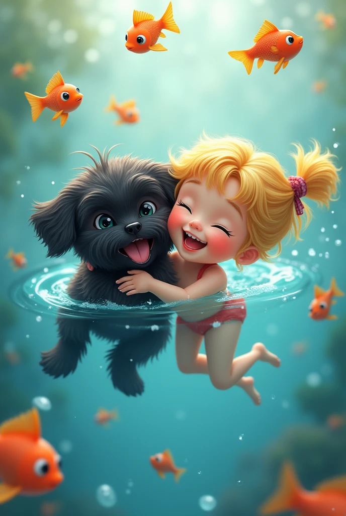 Black shih tzu puppy, cute blonde girl swimming  with animated images of fishes
