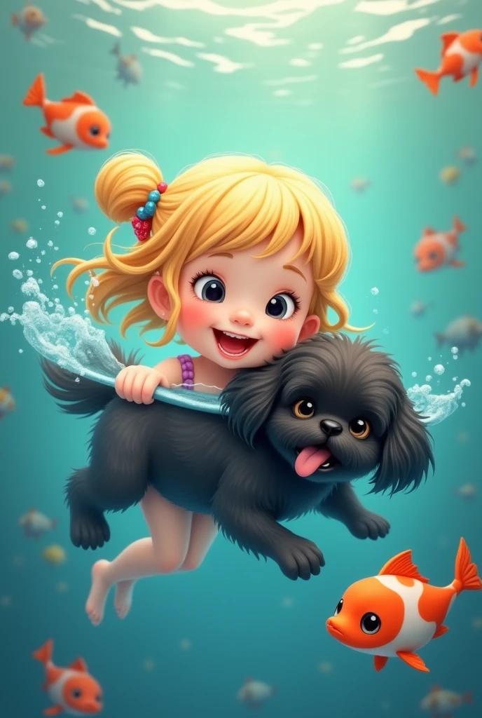Black shih tzu puppy, cute blonde girl swimming with animated images of fishes