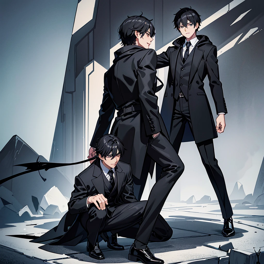 Best illustrations、Best Quality、(Full body character concept)、(28-year-old man、Black Hair)、(Black coat、tie、shirt、Black hood、Black trousers、Black leather shoes)、(Devil's Mask)、Get down on one knee、From the back