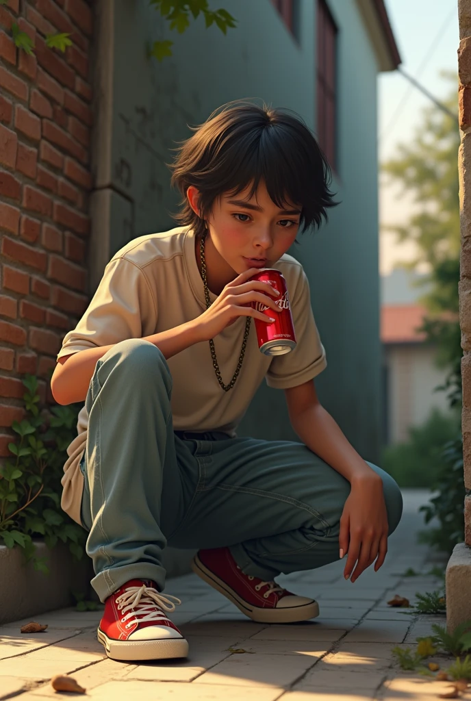 someone drinking coca cola crouched down