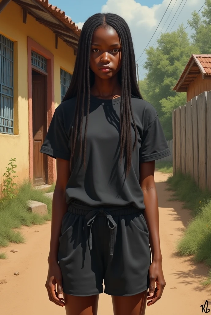 An African teenage girl with long straight hair, a big  and black top and short trouser, standing outside a house realistic paint 