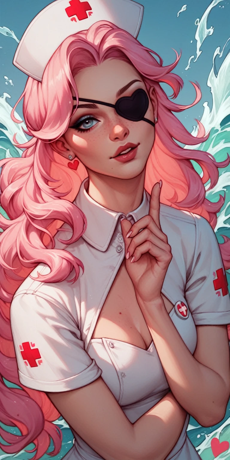 A beautiful girl wearing a shiny high-neck nurse uniform(20th Generation)with long, pink hair with loose waves, wearing an eyepatch with a heart mark on one eye.