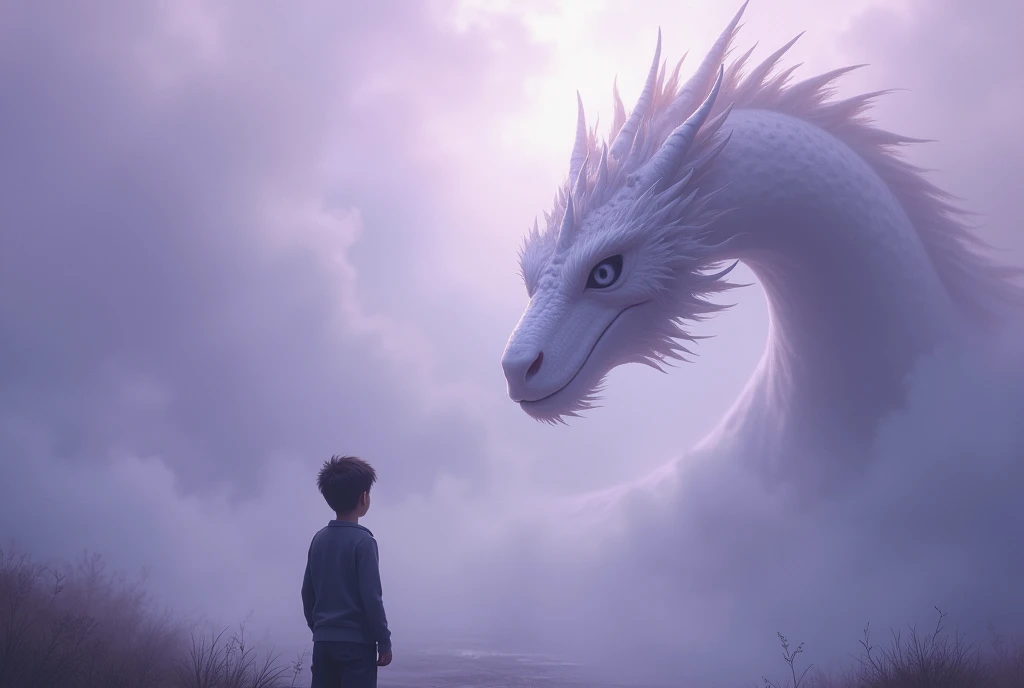 masterpiece, Ultra high definition, Fantasy, (((in a thick fog))), Fog is rolling in front, A boy turning his back, A dragon melting into the mist, A beautiful dragon with white fur, The dragon has a long, massive body, (The dragon is faintly visible), It looks at the boy with gentle eyes, The encounter between the dragon and the human, [Purple Cloud], crap