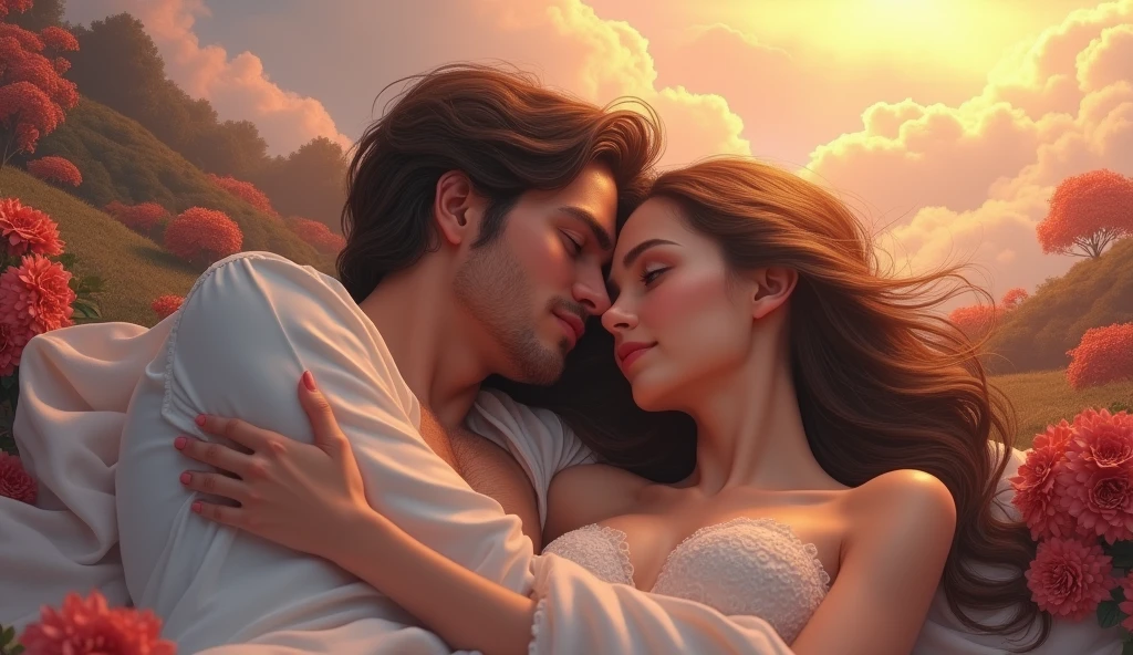 a romantic couple lying in each other's arms in a heavenly landscape, beautiful detailed eyes, beautiful detailed lips, extremely detailed eyes and face, long eyelashes, dreamy, serene, idyllic, fantasy, ethereal, glowing, soft lighting, warm colors, lush foliage, rolling hills, dramatic clouds, (best quality,4k,8k,highres,masterpiece:1.2),ultra-detailed,(realistic,photorealistic,photo-realistic:1.37),concept art, digital painting