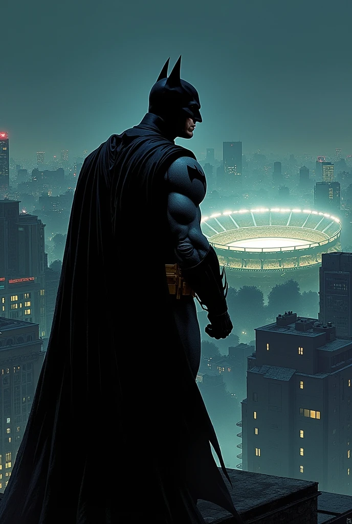 The flag has a dark black background. In the center of the flag, Batman is drawn in his iconic suit, with his cape fluttering in the wind. Batman is standing on a rooftop, and in the distance the illuminated football stadium can be seen. The scene can be framed by a silhouette of the urban skyline, with the stadium lights shining brightly and standing out against the night sky. All that in manga style drawing.