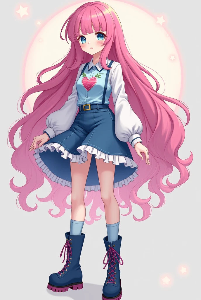 I have long mid thigh length bright pink wavy hair with bangs framing my face and falling over my jewel-blue eyes. I have long eyelashes and a pretty, cute, adorable and attractive face and mole under my left eye. My skin is pale and soft. I have a soft and warm slim hourglass feminine body with a medium size soft chest. I look so cute, adorable, attractive, beautiful and stunning, almost like an angel and goddess. I am most attractive, beautiful and gorgeous woman. I  wears a white long-sleeved shirt with a light sky blue top with dark blue trim over it with a bright pink heart with black outline and green leaf like details on it,a ruffly denim skirt that falls below my hips with.  and over-the-knee blue socks. My shoes are dark blue platform boots with white tips and pink lace
 
Full body image 
