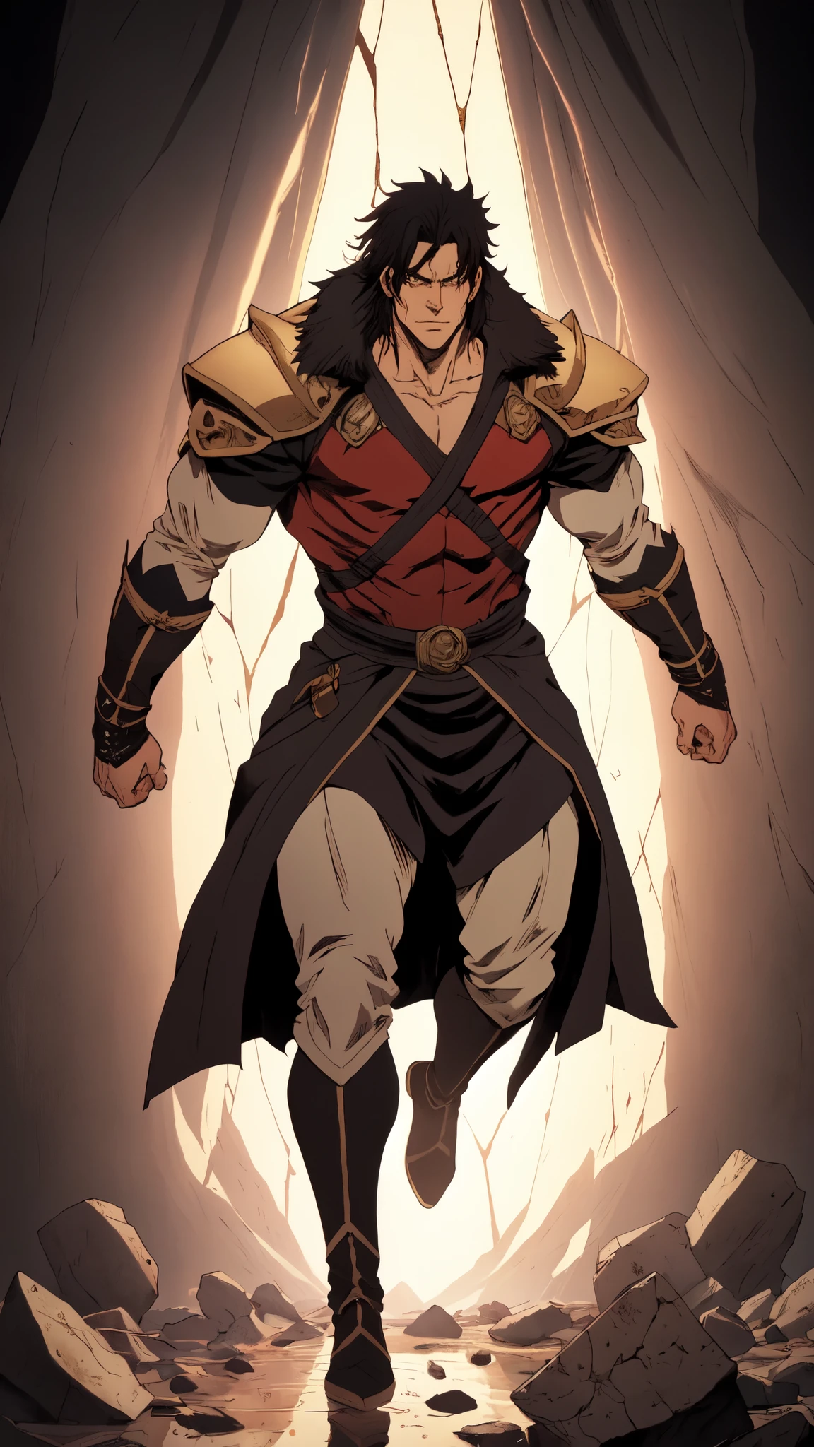 (masterpiece:1.2, best quality:1.2, extremely delicate:1.2), a middle-aged man, wild disheveled long hair streaked in red and black, a rugged and imposing face, a lightning-shaped tattoo on the left side of his face, sharp eyes, a confident smile, a tall and muscular build, a fantasy martial arts-style short-sleeved coat, form-fitting scale armor underneath, a black fur shawl drapes over his shoulders, wrist guards, matching canvas trousers, stands majestically on shattered ground, surrounded by floating debris, this character embodies a finely crafted fantasy martial arts-style overlord in anime style, exquisite and mature manga art style, dramatic, high definition, highres, ultra-detailed, ultra-fine painting, professional, perfect body proportions, golden ratio, anatomically correct, symmetrical face, extremely detailed eyes and face, high quality eyes, creativity, RAW photo, UHD, 32k, Natural light, cinematic lighting, (masterpiece-anatomy-perfect:1.2)