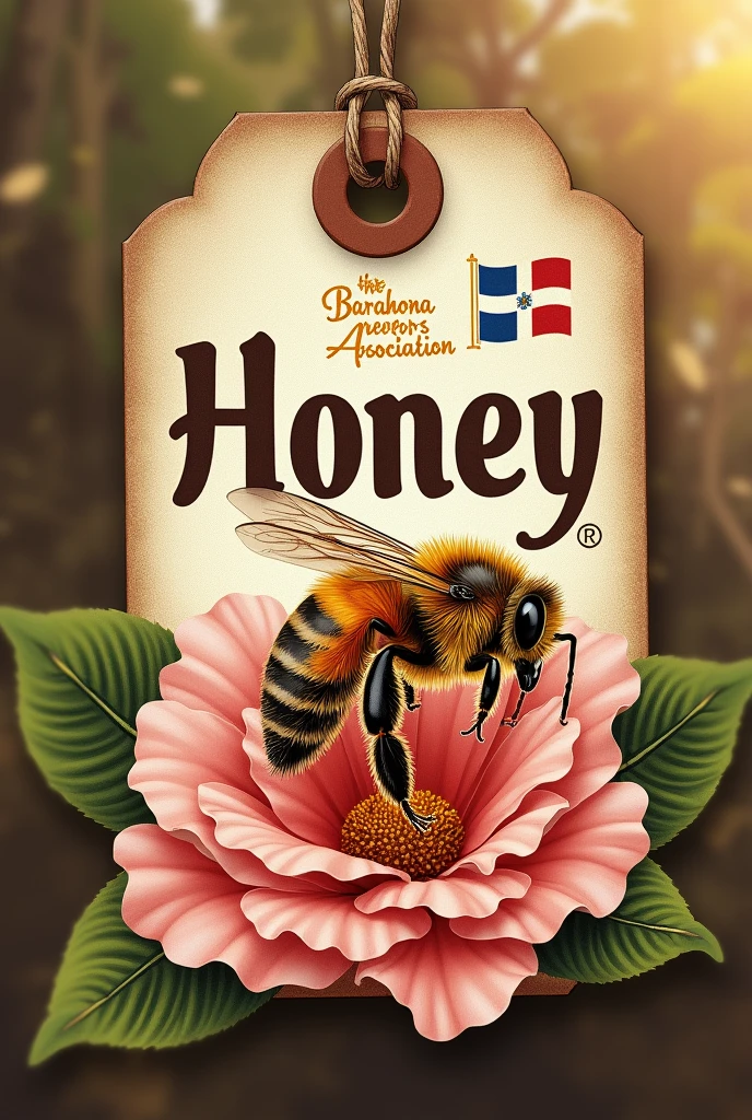 Generate me Honey tag, that puts Barahona, Beekeepers Association, that carries a bee and a pink bayahibe rose flower, with the Dominican flag in small. and that the images be realistic,