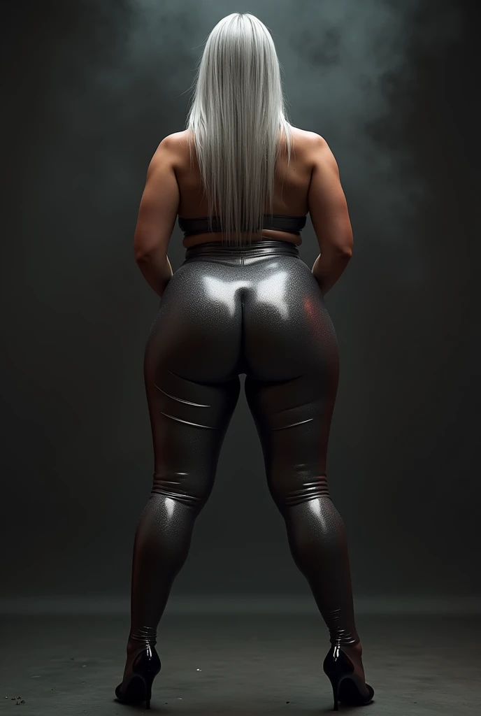 art style frome Mike Campau, Iris Van Herpen, Howard Schatz, sliver ultra straight long hair ,plus sized gym mature woman from only fans with voluptuous body shape, widely huge rounded ass,lace lagging tight compress whole body with shiny dots in cotton texture,2 legs open standing wide ,outline of the labia majora (the outer lips of the vulva) in tightly skin leggings,wet leggings , very heat steamy sexy vibe, hyper realistic,studio lighting,camera back shot from big ass
