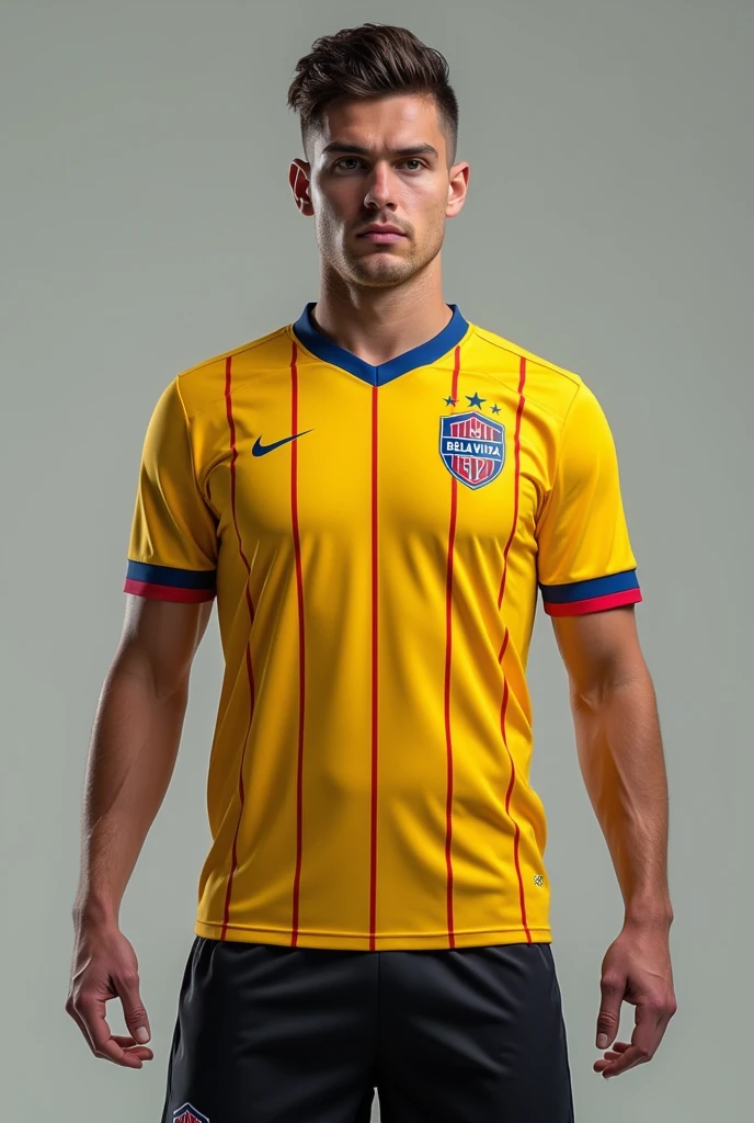 Custom soccer uniform in primary yellow with thin vertical red stripes with blue and orange details and black shorts with crest on the left side of the chest written Bela Vista