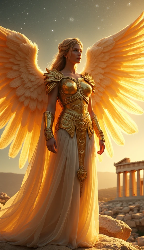 A very beautiful angel wearing golden armor in the style of ancient Rome, Starry Sky, With the Parthenon in the background, Cinematic lighting