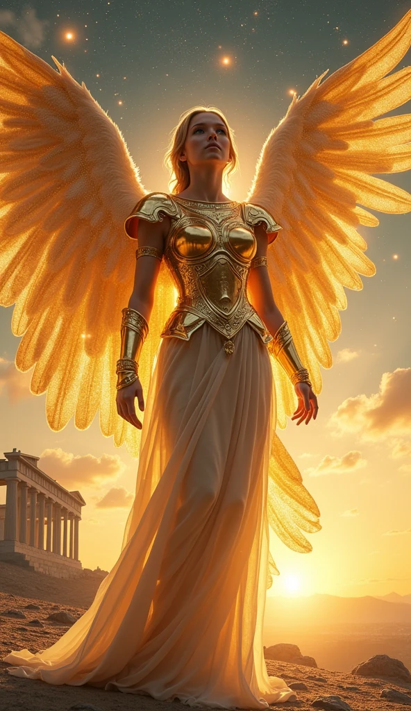 A very beautiful angel wearing golden armor in the style of ancient Rome, Starry Sky, With the Parthenon in the background, Cinematic lighting