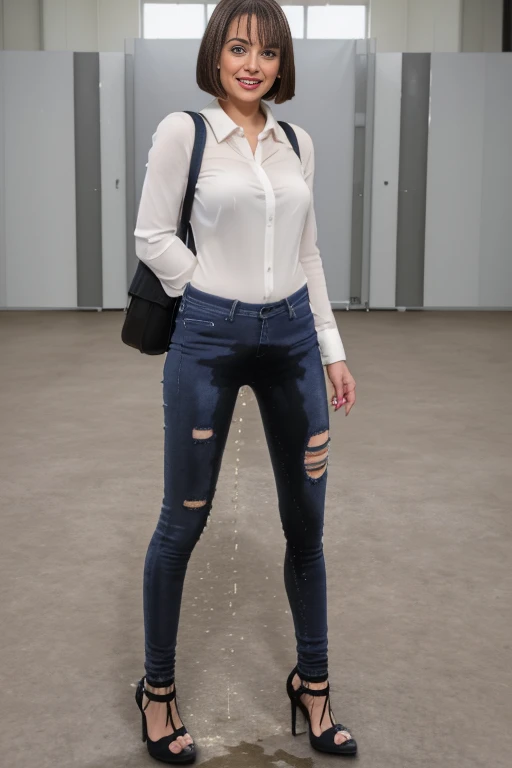 (((white skinny jeans:1.2))), (Best Quality,high resolution,bokeh:1.2),woman,Pronounced wrinkles,platinum blonde hair,((very short frizzy Blunt Textured bob haircut)),Detailed eyes and face,white blouse,(standing:1.0),(big smile), Posing, standing in an office,(black high heel pumps)), ((show heels)), jeans are wrinkled from wetness, peeing, wetting self, shins of jeans soaked with pee