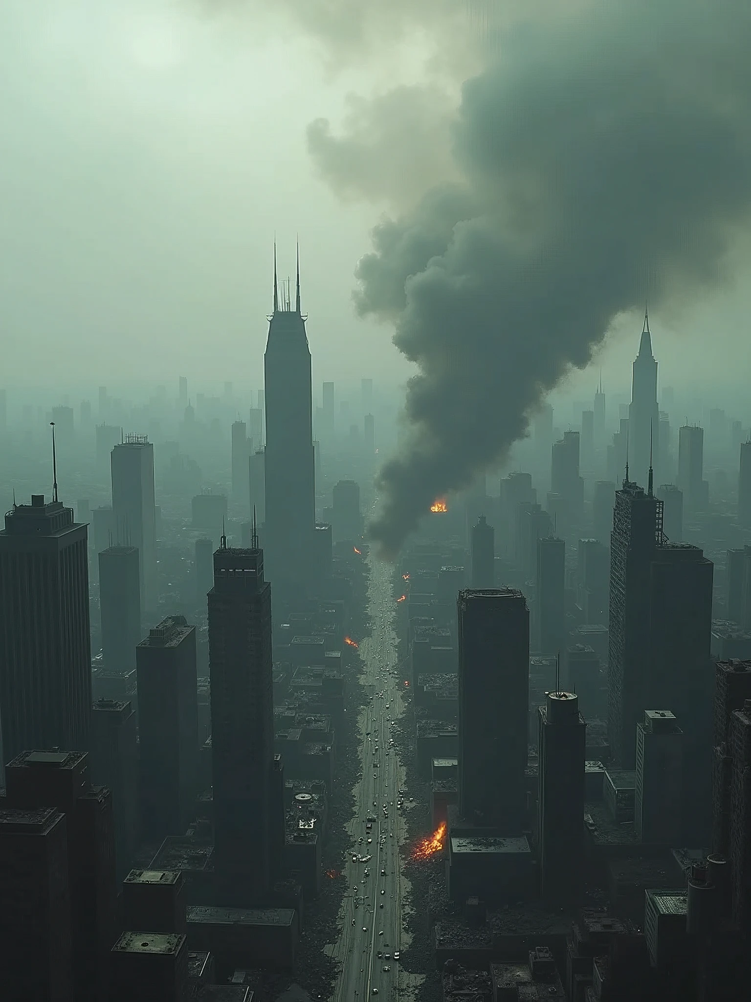 Visuals: A sweeping aerial shot over a devastated city. Skyscrapers lie in ruins, smoke billows from fires, and the sky is a murky gray.