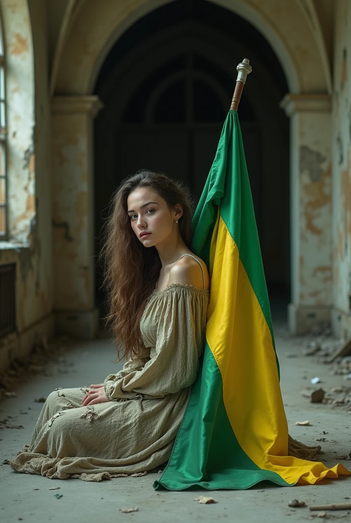 8k (photo realist) A young woman wearing a long dress, Torn, holding a green and yellow flag, sitting on the floor of the abandoned and old church
