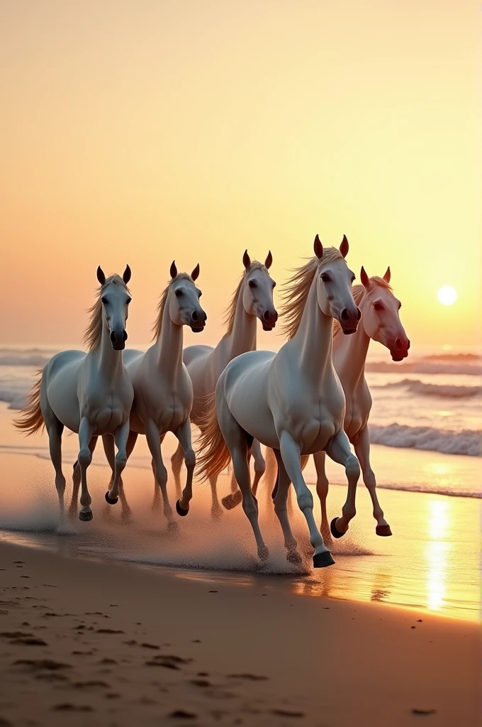 6 horses in white colour run sea side in evening