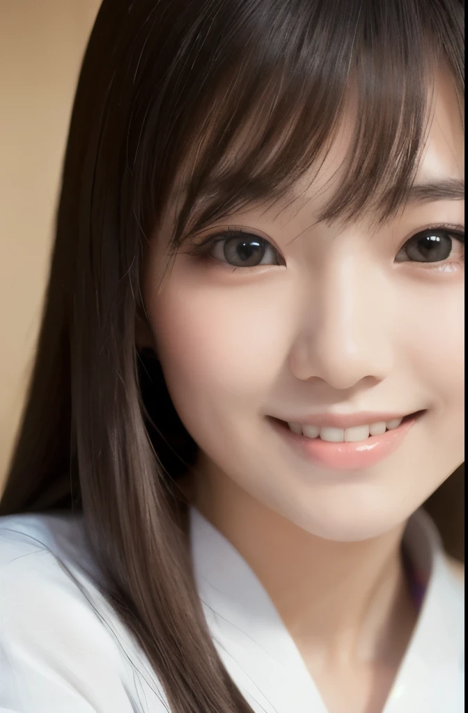 best quality, face focus, soft light, ultra high res, (photorealistic:1.4), RAW photo,(Shinozaki Ai), white skin, kawaii, 1 Japanese girl, solo, cute, (smile), (pupil, lights in the eyes),  detailed beautiful face, Medium-sized breasts,(high resolution detail of human skin texture),(long hair),(portrait), upper body, white traditional kimono