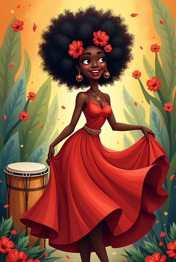 cartoon of a black woman who is moving her skirt, with thick and red lips, big nose, who has curly hair, that has red flowers on his head and drums around him, that includes the abstract background