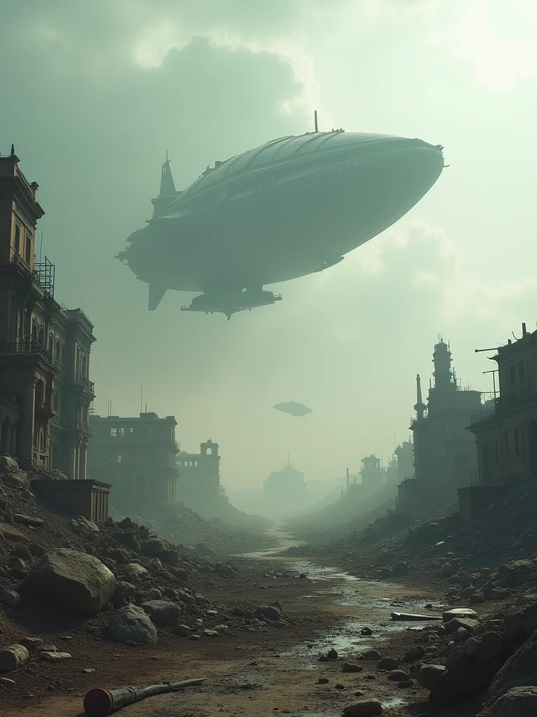 The camera pans over the remnants of human civilization, establishing the bleak aftermath of the war. Alien ships hover ominously above, casting long shadows. The world feels empty, with only the sound of the wind and occasional crumbling structures.