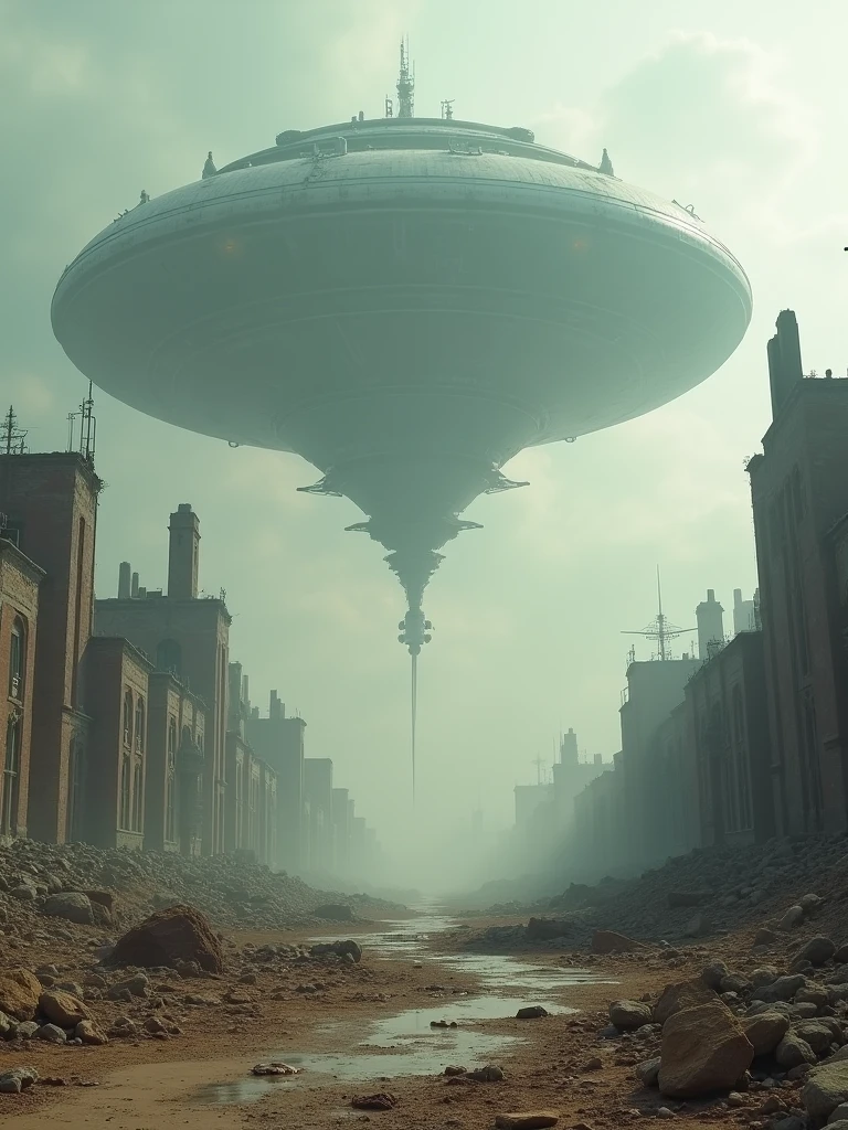 The camera pans over the remnants of human civilization, establishing the bleak aftermath of the war. Alien ships hover ominously above, casting long shadows. The world feels empty, with only the sound of the wind and occasional crumbling structures.