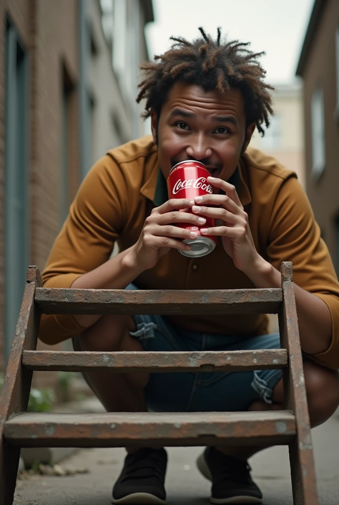 someone drinking Coca-Cola crouched down with a 4-step ladder in front of them in perspective