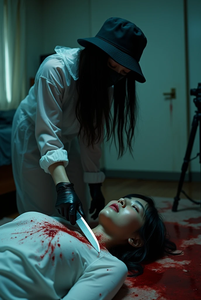 korean girl, (behind corpse, holding knife), black surgical mask, leather gloves, room full of blood, transparent raincoat, black bucket hat, holding knife, leather gloves, woman on top, behind corpse, blood splatter, bed room, night, mass murderer, killer, long bangs, blood splatter, dark atmosphere, cinematic lighting, atmospheric realistic, close-up, tripod and camera in the back, shooting with camera