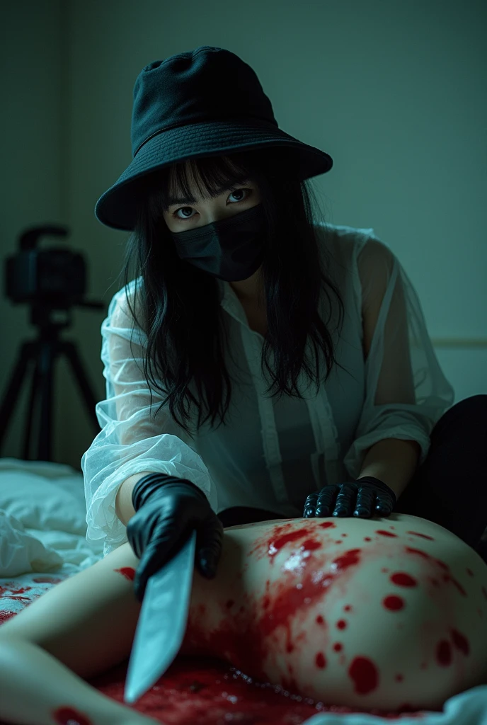korean girl, (behind ??????, holding knife), black surgical mask, leather gloves, room ?????????????, transparent raincoat, black bucket hat, holding knife, leather gloves, woman on top, behind ??????, blood splatter, bed room, night, mass murderer, killer, long bangs, blood splatter, dark atmosphere, cinematic lighting, atmospheric realistic, close-up, tripod and camera in the back, shooting with camera