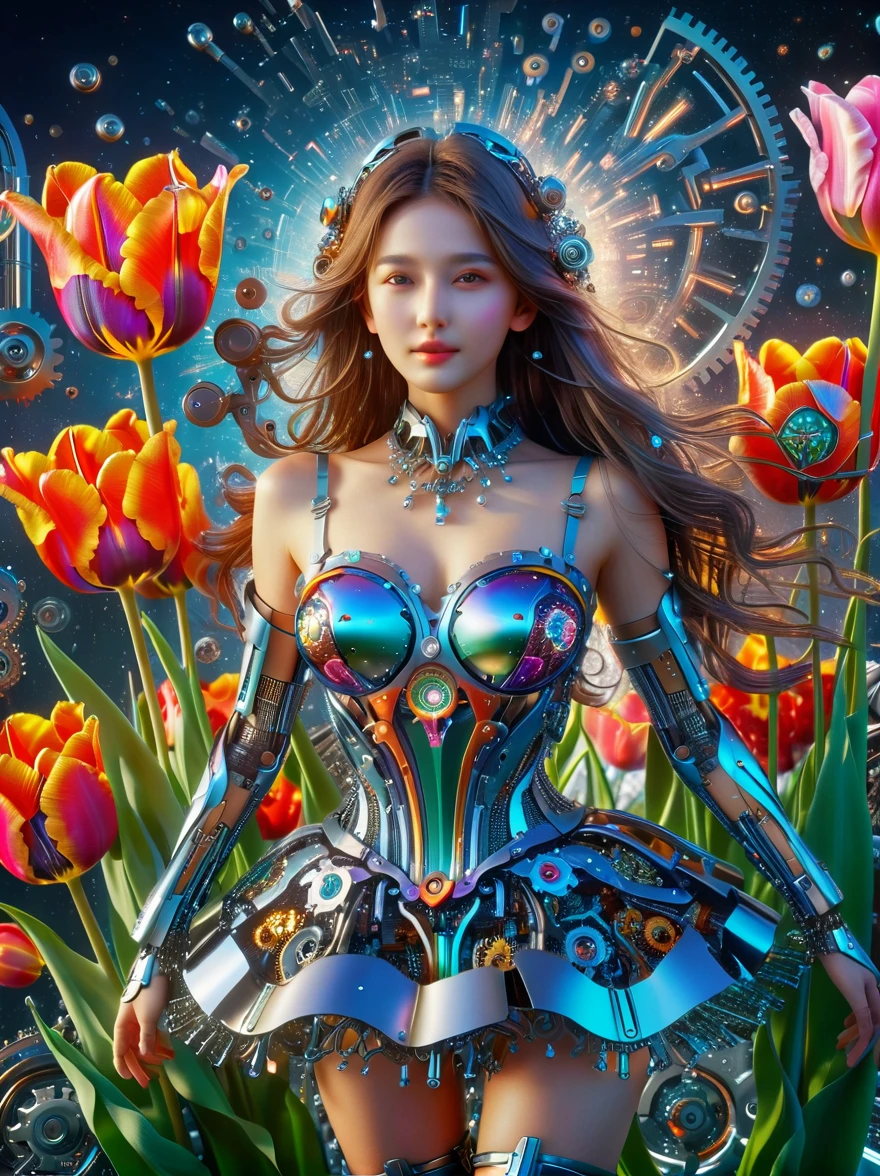 (3d，Mechanical feel，cute，ais-scrapyrd 1girl，tulip)，(Use a wide-angle lens to capture whole body images:1.9)，(masterpiece:1.1)，(Highest quality:1.1)，(HDR:1.0)，Ambient Light，Ultra high quality，(Ultra-detailed original illustrations)，(1 Girl，whole body)，(Rainbow tulip flower skirt)，(Slender thighs)，(Shoes made from tulip flowers: 1.5)，((Harajuku Fashion))，((Flowers with human eyes，Eye disease))，Double Exposure，Fusion of Fluid Abstract Art，Fault，(Original illustration composition)，(Limited color blending，Extreme art style，Geometric artstyle), , Colorful neon lights，High-tech mechanical parts，Metal body，(Detailed vibranium tulip flower design:1.9)，Vibrant colors，Dynamic luminous tulip flowers，Reflective metal surface，Bright environment，Dynamic poses，Exquisite existence，Skills Improvement，Interlocking mechanical gears，Stylish design，motion blur effect，Detailed metal treatment，Sci-fi atmosphere，Streamlined aerodynamic shape，Laser scanning pattern，Holographic projection，LED light track，Beautiful and unforgettable，Advanced sensors，Complex algorithms，Ominous and mysterious atmosphere，Electric Spark，Shiny chrome，Propulsion systems of the future，(Best quality，8k，high resolution，masterpiece:1.2)，Super detailed，(whole body:1.8), magazine photography，A cute girl image，Popular on social platforms，((Dopamineism))，(((Dopamine color matching)))，Dopamine，(in the style of Y2K)，Luo Erchun，3d古风，Oriental poetry and painting