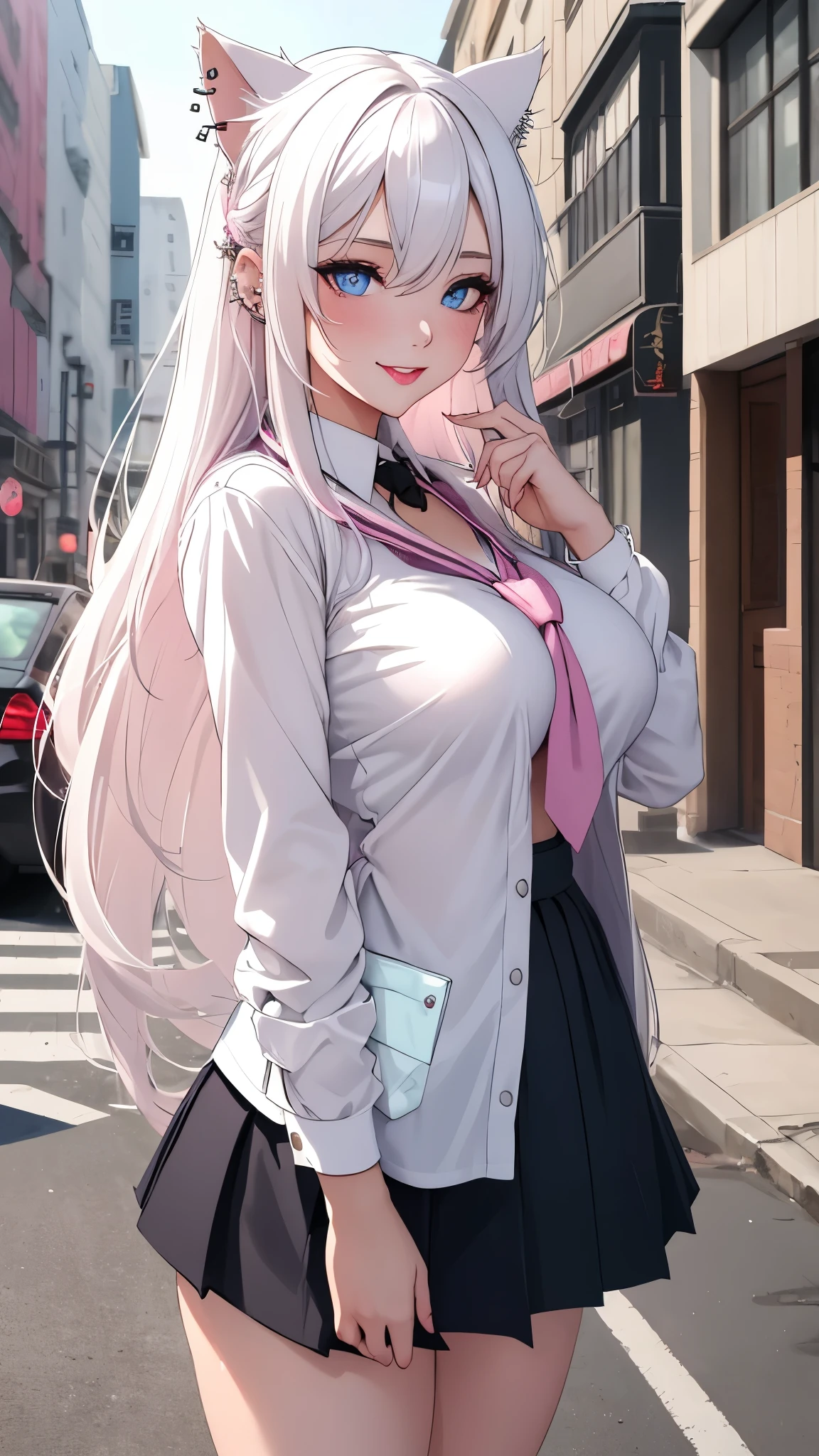 1 girl, young sexy woman, at the street, daytime, seductive smile, long white hair, blue eyes, school uniform, cat ears, necklace and piercing, pink lips, gigantic_breasts, absurdres, high detailed, best quality, ultrasharp, 8K, masterpiece.