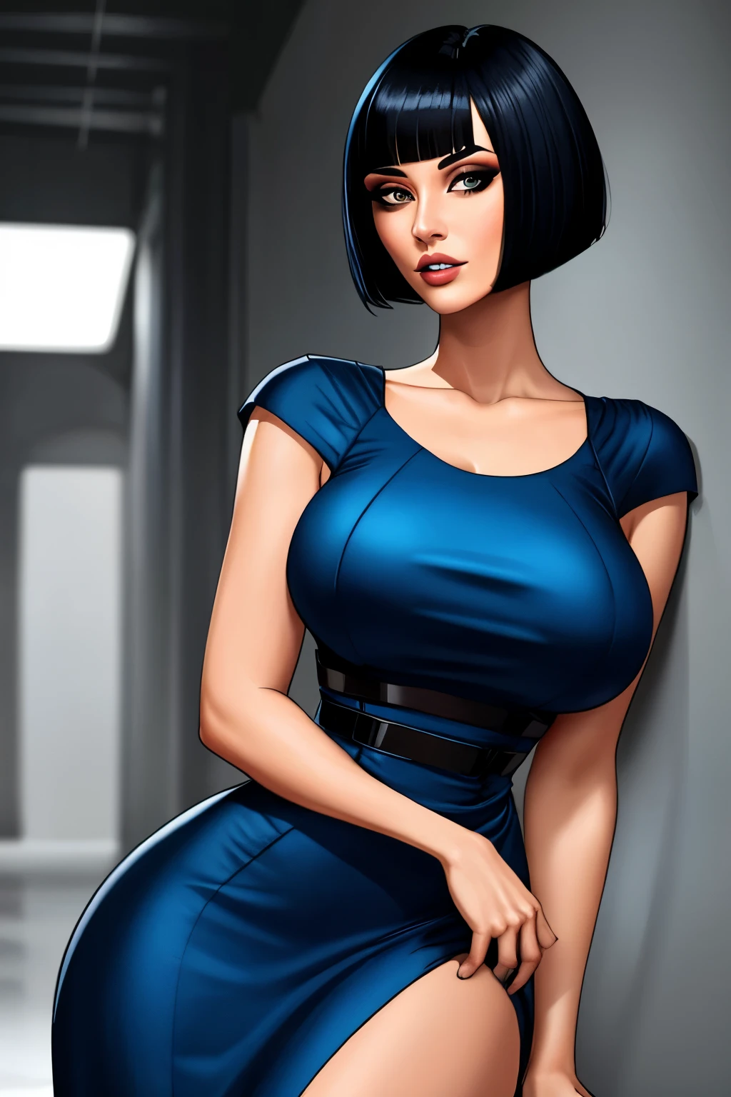 Blue black hair, bobcut, undercut, severe dress