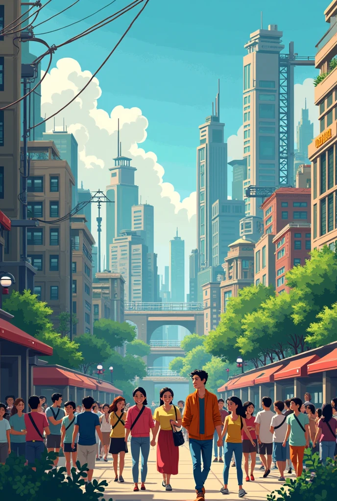 CREATE A PIXEL ART of an image where we have a city with a socialist future, where everyone is happy.