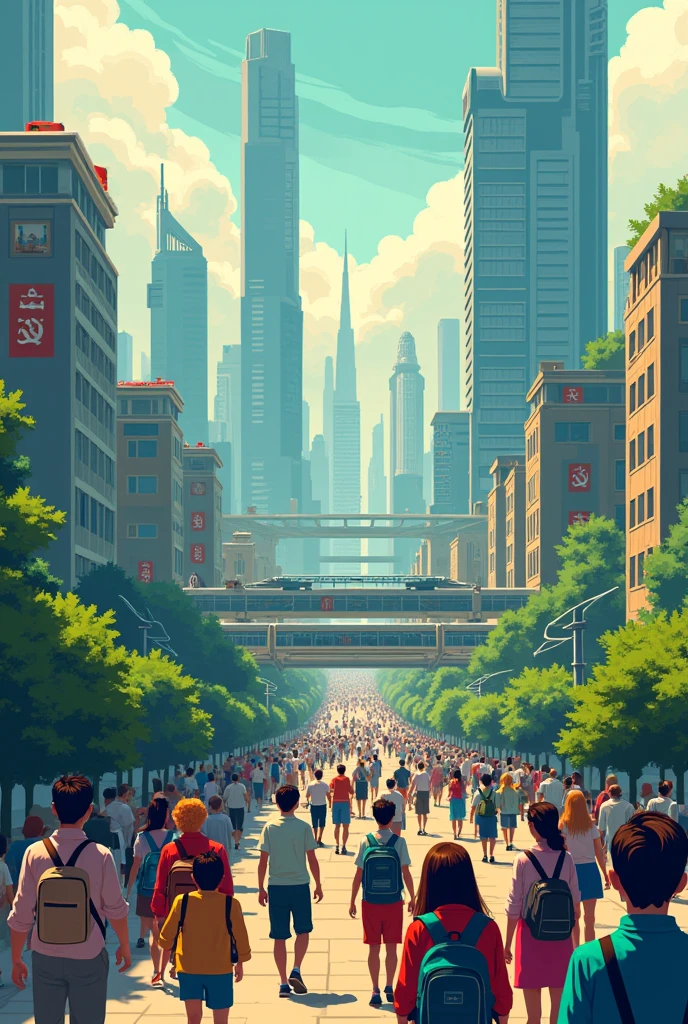 CREATE A PIXEL ART of an image where we have a city with a socialist future, where everyone is happy.