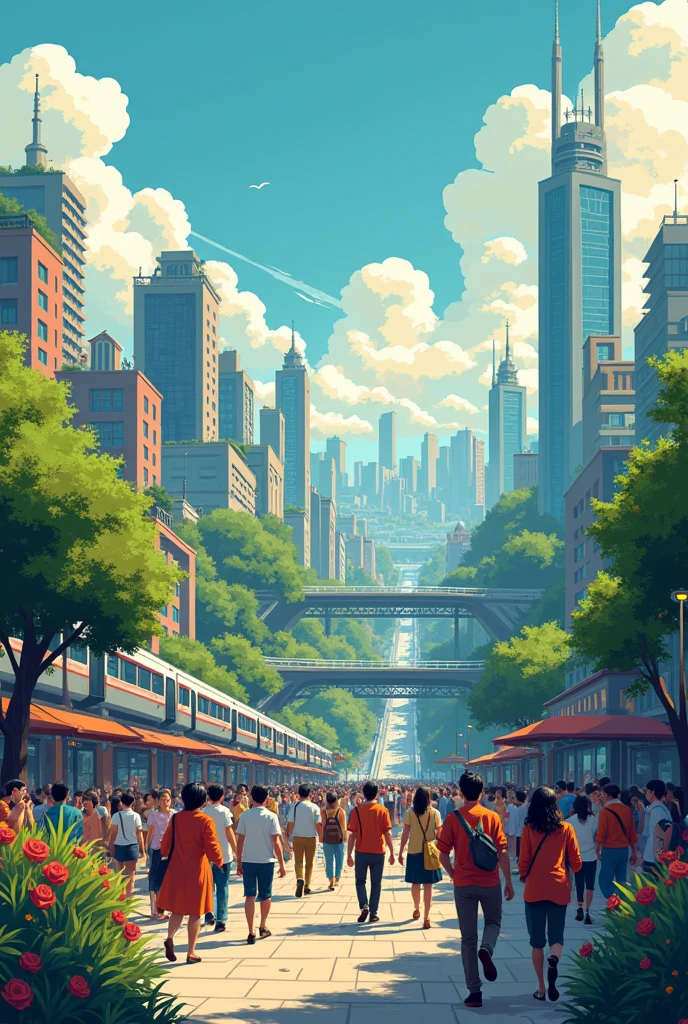 CREATE A PIXEL ART of an image where we have a city with a socialist future, where everyone is happy. 