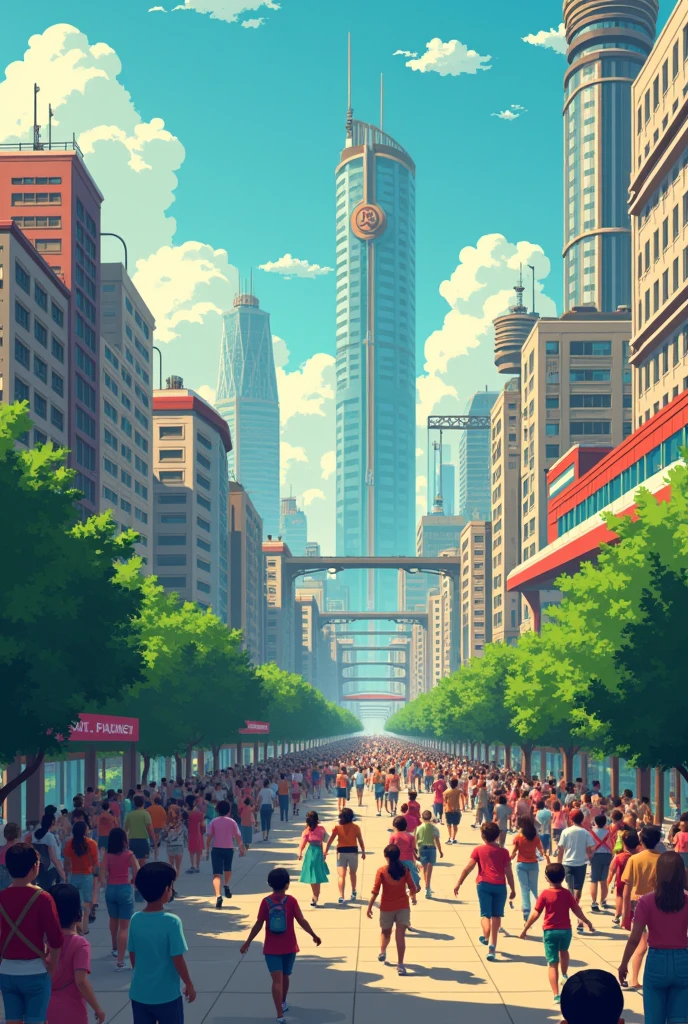 CREATE A PIXEL ART of an image where we have a city with a socialist future, where everyone is happy.