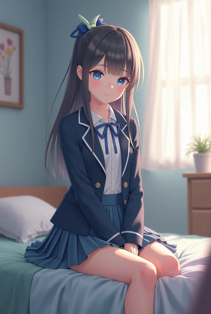one girl, school blazer, hair bow, light blue eyes, sitting, her own room, on bed
