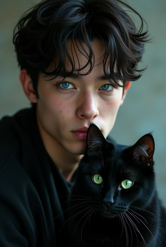 A teenage white male with black hair and heterochromatic eyes, one blue and the other green, with a black cat with heterochromatic eyes, one blue and the other green.