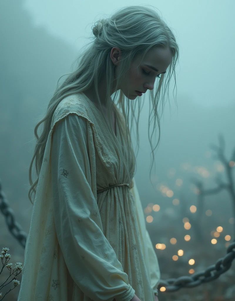 (((Goddess of Weakness:1.4))), (ethereal yet fragile presence:1.4), (delicate and almost translucent skin:1.4), a figure of haunting beauty with an aura of vulnerability, wearing tattered, flowing robes that barely cling to her frail frame, (eyes filled with sorrow and a deep, haunting sadness:1.4), (long, flowing hair that seems weighed down by the burdens of the world:1.4), (a faint, trembling light surrounding her:1.4), (slumped or weary posture, reflecting her weakened state:1.2), (background with a desolate, barren landscape, such as a foggy, desolate plain or a crumbling temple:1.2), (elements of withered flowers, broken chains, and dim, flickering lights subtly integrated into the scene:1.4), ((a soft, muted color palette with faded blues, grays, and pale whites:1.2)), perfect image quality, ((an artistic representation that evokes feelings of sorrow, fragility, and the gentle beauty in weakness)), delicate and poignant, detailed face and eyes, intricate textures, harmonious composition
