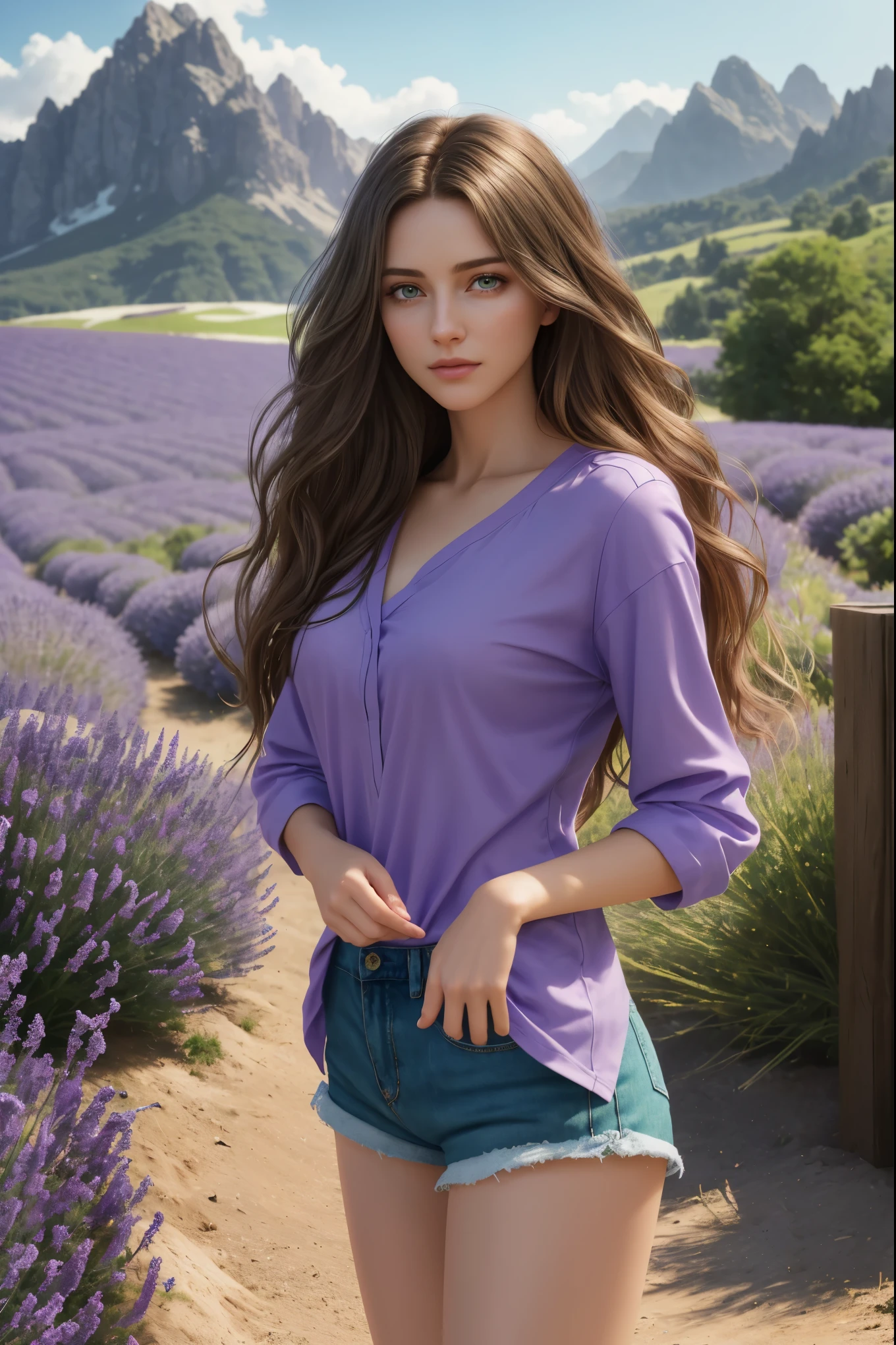 Masterpiece, Young Beautiful Girl has long hazel hair and green eyes, 1girl, AS-Adult, long-haired, hazel hair, small-breasts. Green eyes, wavy-hair, no bangs, symmetrical face. She wears a sky blue shirt and shorts. Beautiful legs. (Best Illustration), (beautiful-detailed eyes), (Best Quality Face, Fingers), Symmetrical, smooth, sharp focus, illustration, realistic, artstation, award winning photography, octane render, cinematic lighting from the right, hyper realism, octane render, 8k, depth of field, 3D. She looks at the viewer. Full figure. Background mountains. She is into a lavender field.