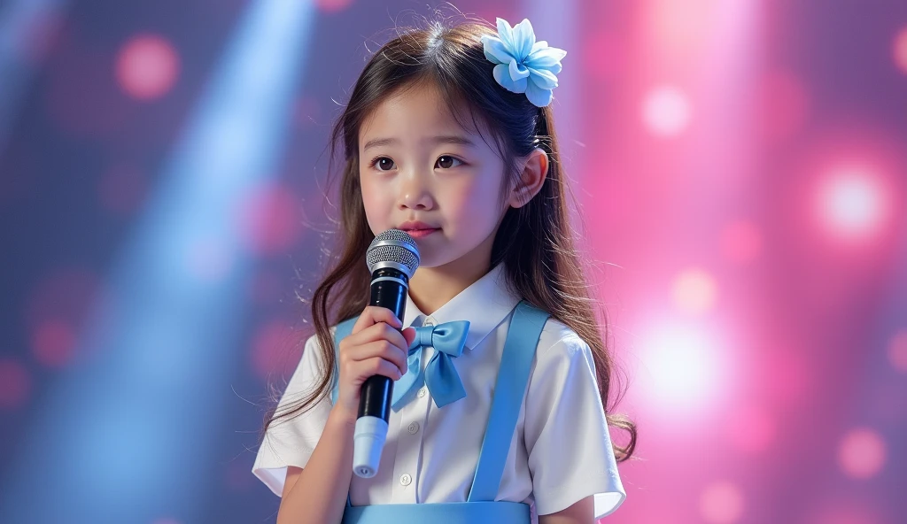 Long shot photo of a beautiful and attractive  girl, brown long wavy hair down, chinese pop idol, 50mm portrait, on colorful stage, crying with tears thanking everyone with microphone, Top: Baby blue and white sweet collar, front button closure, baby blue solid short skirt and matching beautiful Bow Tie, flower clip with baby blue petals on the top and in the hair, white shoes with light blue laces