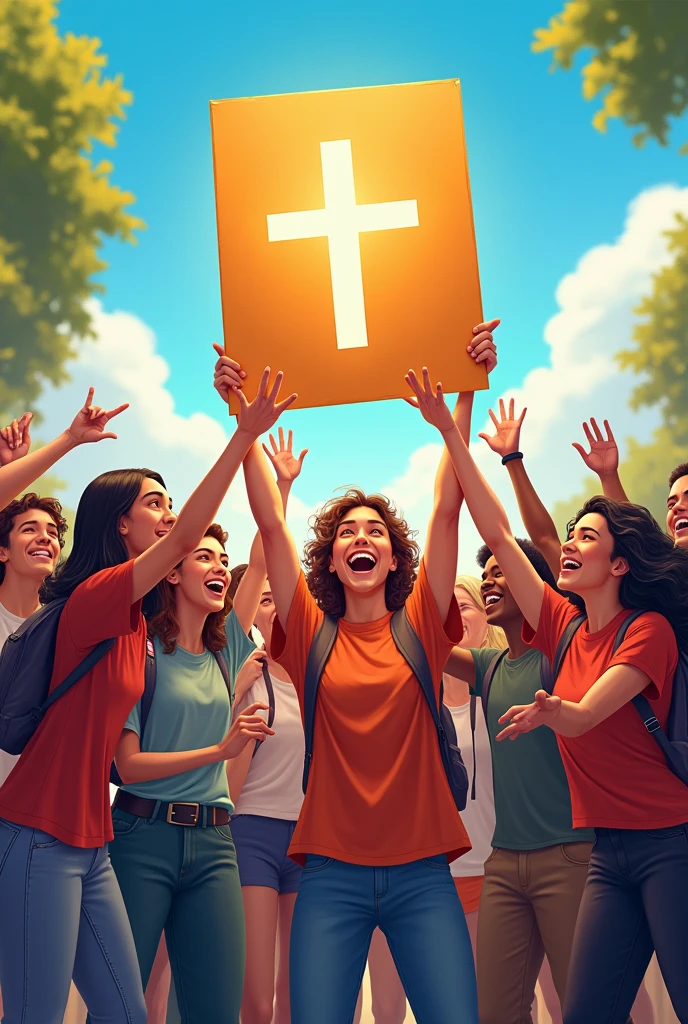 Young people holding a logo for the Youth Encounter with Christ
